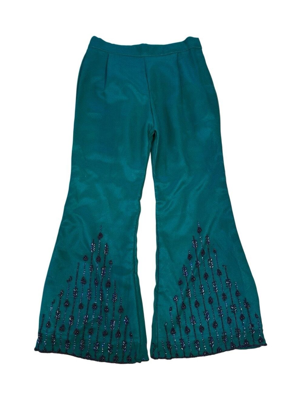 60s Vintage Green Embroidered Flare Tulle Pull on Pants XS - Picture 2 of 7